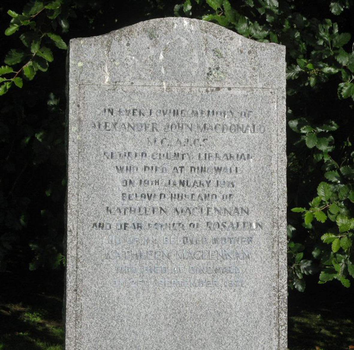 Photo of headstones/Kathleen MacLennan died 1971 MI Dingwall Mitchell Hill